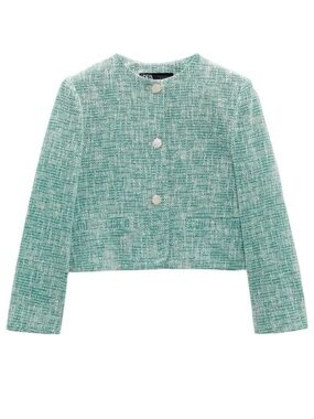 NWOT Zara Green Tweed Collarless Blazer with Gold and Cream Buttons